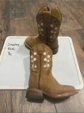 Kids Brown Embroidered Western Boots - Tan Floral Accent
